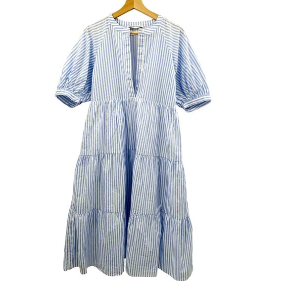 English Factory Puff-Sleeve Tiered blue stripe Midi Dress - Picture 3 of 8